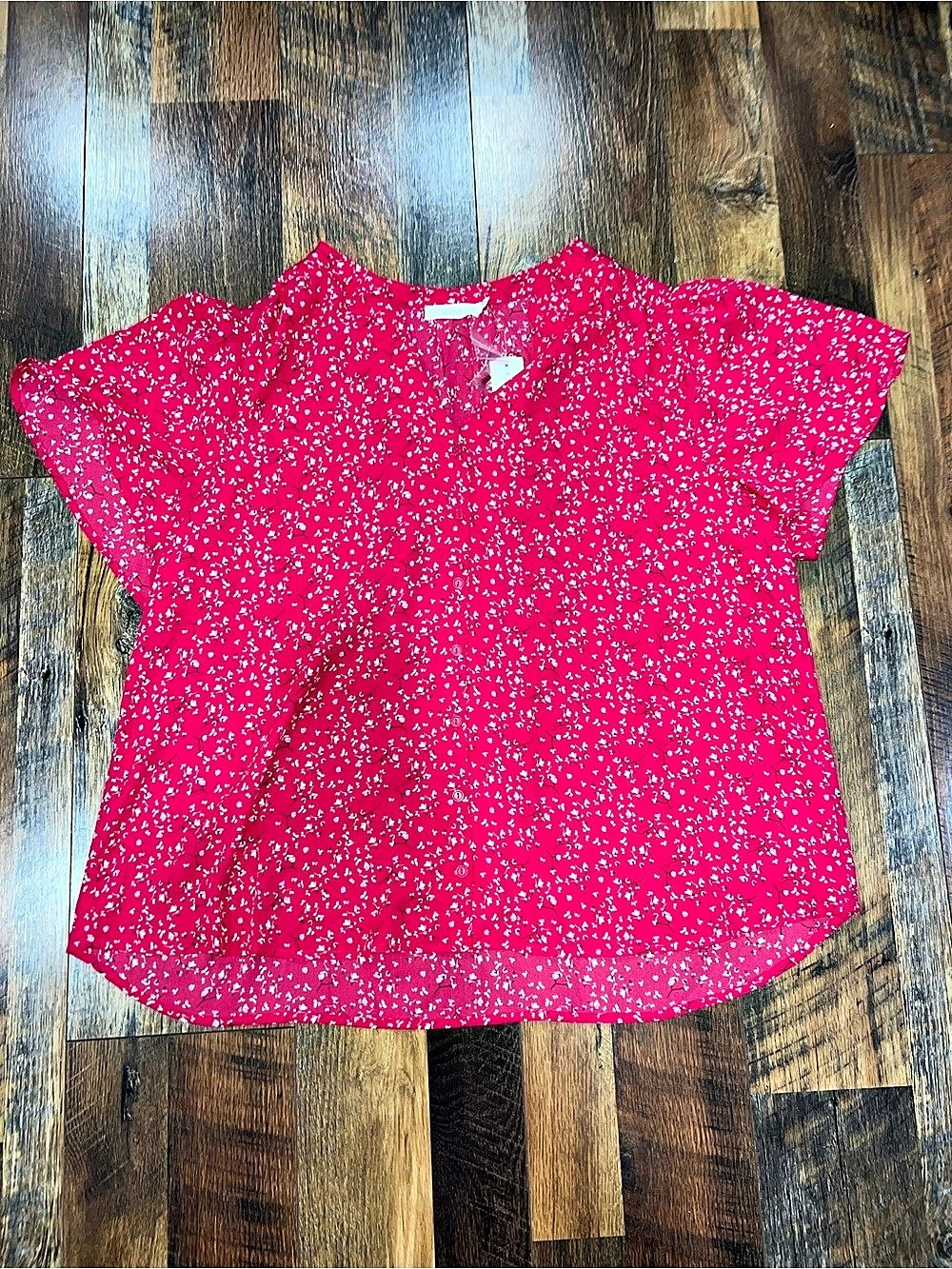 Lush Remi Button Front Blouse Floral Red & White Size 2X NWT